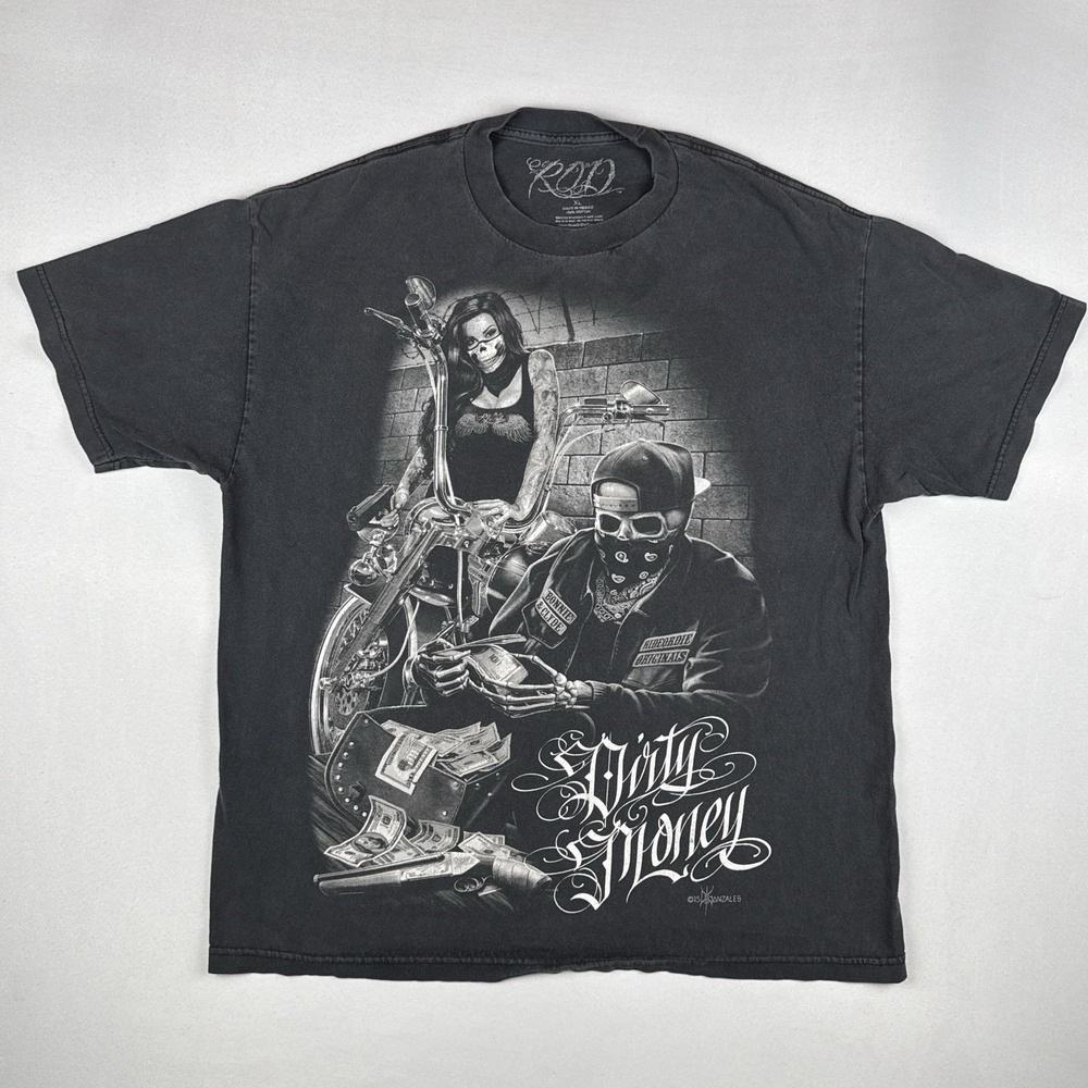 Y2K David Gonzales Ride Or Die Dirty Money Biker T Shirt Skull XL Faded Black